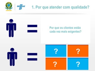 É mais barato manter
clientes que
conquistar novos
Clientes satisfeitos e
fiéis valorizam a
empresa
Clientes satisfeitos
indicam novos
clientes
Atendimento com
qualidade é um
diferencial
competitivo
1. Por que atender com qualidade?
?
?
?
?
Maior acesso à
informação
Concorrência
Meios de
comunicação
Código de Defesa do
Consumidor
?
? ?
?
Por que os clientes estão
cada vez mais exigentes?
 