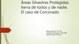 Áreas Silvestres Protegidas:
tierra de todos y de nadie.
El caso de Corcovado
Miguel Perez 9-755-115
Jonathan Rodriguez 9-756-1961
Nicolle Sanjur 9-756-26
 