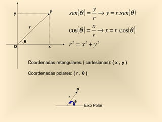 y
y                 P         sen(θ ) = → y = r.sen(θ )
                                     r
                                     x
                            cos(θ ) = → x = r. cos(θ )
        r

                                     r
    θ
O                 x         r =x +y
                             2     2   2




        Coordenadas retangulares ( cartesianas): ( x , y )

        Coordenadas polares: ( r , θ )


                                P
                            r
                                θ
                                    Eixo Polar
 