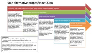Dépistage précoce et identification des médicaments potentiellement éligibles
Sélectionner les médicaments
potentiellement éligibles au
processus sur la base des
critères suivants : l'examen par
Santé Canada via une procédure
accélérée, et d'autres critères
tels que la gravité, les besoins
non satisfaits, la prévalence et
les incertitudes concernant la
sécurité, l'efficacité, les patients
éligibles, l'impact à long terme
sur les patients et la société, le
coût par patient, l'impact
budgétaire et le retour sur
investissement.
Processus d'introduction simultané
Les médicaments qui répondent
aux critères font l'objet d'un
examen réglementaire accéléré
de la part de Santé Canada, avec
un éventuel avis de conformité
avec conditions, et la mise en
place d'un accord de gestion de
l'accès par le biais d'une voie
"optimale" avec une
coordination centralisée par
l'intermédiaire des centres
d'expertise. Soumissions à
l’ACPP, au CEPMB, à l'ACMTS et
à l'INESSS à l'heure actuelle.
Programme d'accès géré
Pour les médicaments qui
traitent des conditions avec une
faible prévalence, un besoin non
satisfait élevé, une amélioration
significative et des incertitudes
autour des preuves disponibles,
les MAP avec des critères pour
commencer le traitement,
collecter des preuves
supplémentaires dans le monde
réel, des critères pour la
poursuite ou l'arrêt au niveau
individuel et/ou de la
population.
Négociations et mise en œuvre de l'APCC
Pour les médicaments
répondant aux critères des PAM,
négocier le prix d'entrée, mettre
en place une PAM centralisée et
coordonnée avec un chef
d'entreprise ou un comité de
pilotage pour un protocole
unique de démarrage/arrêt, une
analyse des données de la
plateforme de preuves en
situation réelle et une
évaluation individuelle des
patients pour la poursuite,
l'ajustement ou l'arrêt du
traitement.
Collecte et réévaluation
de données réelles
À des moments
prédéterminés, les données
réelles concernant la
population seraient évaluées
et comparées aux objectifs
négociés au préalable. Après
la réévaluation, les critères
d'inscription, le prix ou le
déremboursement seraient
modifiés, conformément à ce
qui a été négocié dès le
départ dans le cadre de
l'usine de fabrication de
médicaments.
Voie alternative proposée de CORD
Composantes
Accès des patients individuel et niveau population :
- Processus commun avec un panel spécifique de maladies et de
médicaments
avec un panel spécifique de maladies et de médicaments réunissant plusieurs
intervenants, y compris des équipes cliniques et des patients, afin de
concevoir un accès au niveau individuel et au niveau de la population, avec
des critères de départ, des données réelles et des critères d'arrêt.
Communications :
- Il est essentiel que les intervenants communiquent entre eux tout au long
du processus.
 