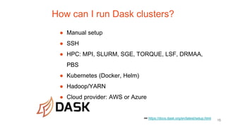 How can I run Dask clusters?
● Manual setup
● SSH
● HPC: MPI, SLURM, SGE, TORQUE, LSF, DRMAA,
PBS
● Kubernetes (Docker, Helm)
● Hadoop/YARN
● Cloud provider: AWS or Azure
🔗 https://docs.dask.org/en/latest/setup.html
15
 