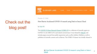 Check out the
blog post!
🔗 How Elsevier Accelerated COVID-19 research using Dask on Saturn
Cloud
3
 