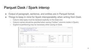 Parquet Dask / Spark interop
● Output of paragraph, sentence, and entities are in Parquet format.
● Things to keep in mind for Spark interoperability when writing from Dask.
○ Column data types must be declared explicitly on the Dask end.
○ Column names should be specified when saving (“hidden” columns visible in Spark).
○ Explicit re-partitioning may be necessary when saving on Dask.
34
 