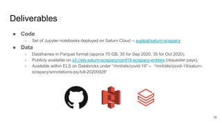 Deliverables
● Code
○ Set of Jupyter notebooks deployed on Saturn Cloud -- sujitpal/saturn-scispacy
● Data
○ Dataframes in Parquet format (approx 70 GB, 35 for Sep 2020, 35 for Oct 2020).
○ Publicly available on s3://els-saturn-scispacy/cord19-scispacy-entities (requester pays).
○ Available within ELS on Databricks under “/mnt/els/covid-19” -- “/mnt/els/covid-19/saturn-
scispacy/annotations-pq-full-20200928”
36
 