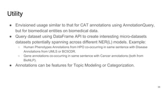 Utility
● Envisioned usage similar to that for CAT annotations using AnnotationQuery,
but for biomedical entities on biomedical data.
● Query dataset using DataFrame API to create interesting micro-datasets
datasets potentially spanning across different NER(L) models. Example:
○ Human Phenotypes Annotations from HPO co-occurring in same sentence with Disease
Annotations from UMLS or BC5CDR.
○ Gene annotations co-occurring in same sentence with Cancer annotations (both from
BioNLP).
● Annotations can be features for Topic Modeling or Categorization.
38
 