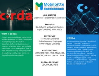 CORDA
WHAT IS CORDA?
Corda is a distributed ledger platform that
enables businesses to transact directly and
in complete privacy. It is built on a
blockchain platform and utilizes smart
contracts to facilitate secure and verifiable
transactions. Corda is designed to scale to
meet the needs of large enterprises and is
already being used by major banks and
financial institutions worldwide.
Point-to-point Architecture | Multilateral
Ledger | Pluggable Consensus |
Enterprise Support | Oraclization | Corda
Network Builder | Network Bootstrapper |
DemoBench | Node Explorer | Corda
Consulting Services | CorDapps for
Financial Industry | Smart Contracts |
Blockchain App Porting | Smart Contracts
Audit | Corda App Support | User
Interfaces | Smart Contracts | Regulated
Tokens | Create Custom CorDapp on
Private and Public Network
OUR MANTRA
Experience : Excellence : Exuberance
EXPERTISE
Blockchain| Metaverse| Games
AI|IoT| Mobile| Web| Cloud
EXPERIENCE
15+ Years Experience
1K+ Professional Employees
5000+ Project Delivered
CERTIFICATIONS
NASSCOM, FICCI, NSIC, MSME, ISO,
UPWORK, DRUPAL, NeGD, LINUX
GLOBAL PRESENCE
USA, U.K, SG, India
 
