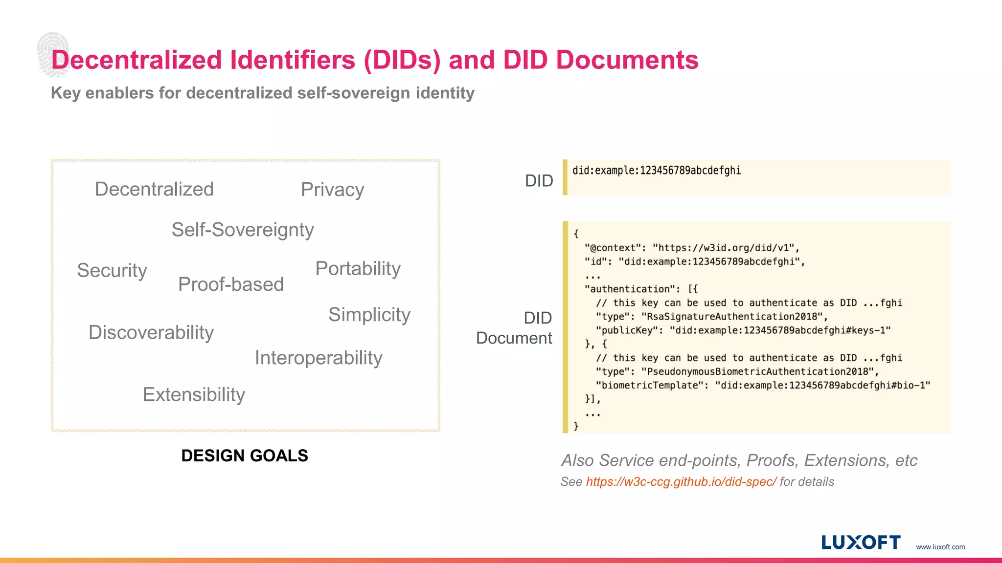www.luxoft.com
Decentralized Identifiers (DIDs) and DID Documents
Key enablers for decentralized self-sovereign identity
Decentralized
Self-Sovereignty
Privacy
Security
Proof-based
Discoverability
Interoperability
Portability
Simplicity
Extensibility
DESIGN GOALS
DID
DID
Document
Also Service end-points, Proofs, Extensions, etc
See https://w3c-ccg.github.io/did-spec/ for details
 