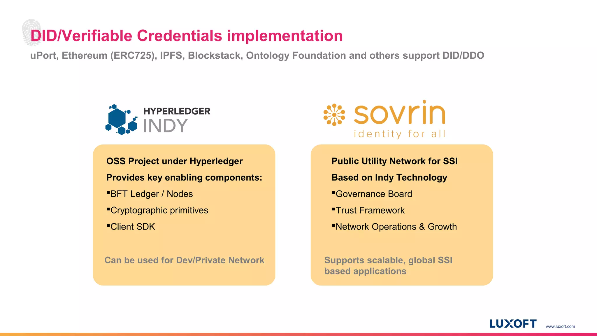 www.luxoft.com
DID/Verifiable Credentials implementation
uPort, Ethereum (ERC725), IPFS, Blockstack, Ontology Foundation and others support DID/DDO
OSS Project under Hyperledger
Provides key enabling components:
BFT Ledger / Nodes
Cryptographic primitives
Client SDK
Can be used for Dev/Private Network
Public Utility Network for SSI
Based on Indy Technology
Governance Board
Trust Framework
Network Operations & Growth
Supports scalable, global SSI
based applications
 