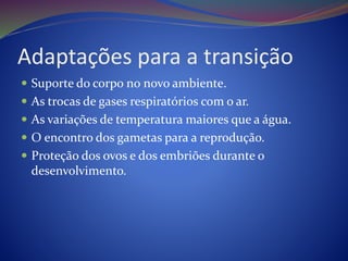 Adaptações para a transição
 Suporte do corpo no novo ambiente.
 As trocas de gases respiratórios com o ar.
 As variações de temperatura maiores que a água.
 O encontro dos gametas para a reprodução.
 Proteção dos ovos e dos embriões durante o
desenvolvimento.
 