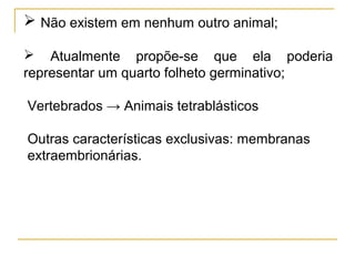 Não existem em nenhum outro animal;

 Atualmente propõe-se que ela poderia
representar um quarto folheto germinativo;

Vertebrados → Animais tetrablásticos

Outras características exclusivas: membranas
extraembrionárias.
 