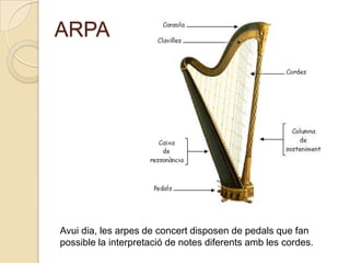 ARPA




Avui dia, les arpes de concert disposen de pedals que fan
possible la interpretació de notes diferents amb les cordes.
 