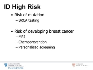 • Risk of mutation
– BRCA testing
• Risk of developing breast cancer
– MRI
– Chemoprevention
– Personalized screening
ID High Risk
 