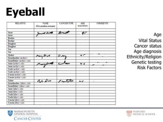 Age
Vital Status
Cancer status
Age diagnosis
Ethnicity/Religion
Genetic testing
Risk Factors
Eyeball
 