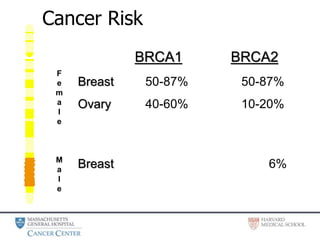 Cancer Risk
Breast 50-87% 50-87%
Ovary 40-60% 10-20%
Breast 6%
F
e
m
a
l
e
M
a
l
e
BRCA1 BRCA2
 