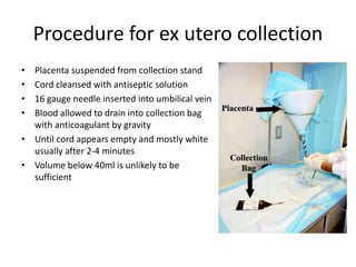 Procedure for ex utero collection
• Placenta suspended from collection stand
• Cord cleansed with antiseptic solution
• 16 gauge needle inserted into umbilical vein
• Blood allowed to drain into collection bag
with anticoagulant by gravity
• Until cord appears empty and mostly white
usually after 2-4 minutes
• Volume below 40ml is unlikely to be
sufficient
 