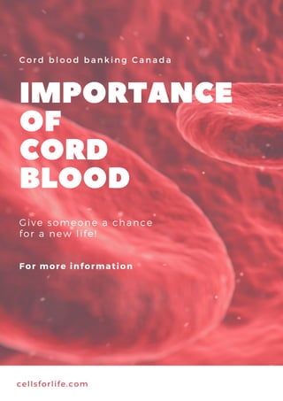 C o r d b l o o d b a n k i n g C a n a d a
IMPORTANCE
OF
CORD
BLOOD
Give someone a chance
for a new life!
For more information
cellsforlife.com
 