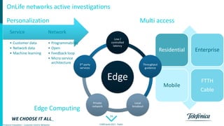 16
Products Innovation – Customer Centric Networks CORD build 2017 - Public
Residential Enterprise
Mobile
FTTH
Cable
Edge
Low /
controlled
latency
Throughput
guidance
Local
breakout
Private
network
3rd party
services
• Programmability
• Open
• Feedback loop
• Micro service
architecture
Network
• Customer data
• Network data
• Machine learning
Service
Personalization Multi access
Edge Computing
OnLife networks active investigations
 