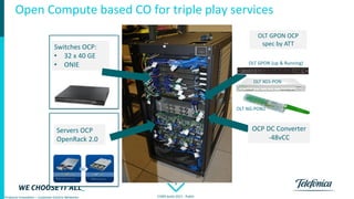 8
Products Innovation – Customer Centric Networks CORD build 2017 - Public
OLT GPON OCP
spec by ATT
Switches OCP:
• 32 x 40 GE
• ONIE
OCP DC Converter
-48vCC
Servers OCP
OpenRack 2.0
OLT XGS-PON
OLT GPON (up & Running)
OLT NG-PON2
Open Compute based CO for triple play services
 