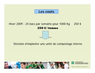 Les coûts


Hiver 2009 : 25 bacs par semaine pour 1000 Kg   250 $
                      250 $ / tonne




   Décision d’im...