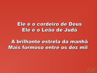 Ele é o cordeiro de DeusEle é o cordeiro de Deus
Ele é o Leão de JudáEle é o Leão de Judá
A brilhante estrela da manhãA brilhante estrela da manhã
Mais formoso entre os dez milMais formoso entre os dez mil
 