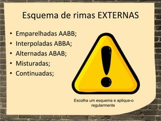 Esquema de rimas EXTERNAS
• Emparelhadas AABB;
• Interpoladas ABBA;
• Alternadas ABAB;
• Misturadas;
• Continuadas;
Escolha um esquema e aplique-o
regularmente
 
