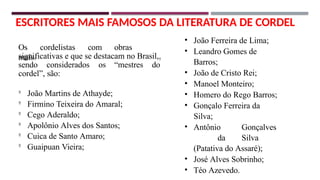 ESCRITORES MAIS FAMOSOS DA LITERATURA DE CORDEL
sendo considerados os “mestres do
cordel”, são:

João Martins de Athayde;

Firmino Teixeira do Amaral;

Cego Aderaldo;

Apolônio Alves dos Santos;

Cuica de Santo Amaro;

Guaipuan Vieira;
Os cordelistas com obras
mais
significativas e que se destacam no Brasil,
• João Ferreira de Lima;
• Leandro Gomes de
Barros;
• João de Cristo Rei;
• Manoel Monteiro;
• Homero do Rego Barros;
• Gonçalo Ferreira da
Silva;
• Antônio Gonçalves
da Silva
(Patativa do Assaré);
• José Alves Sobrinho;
• Téo Azevedo.
 