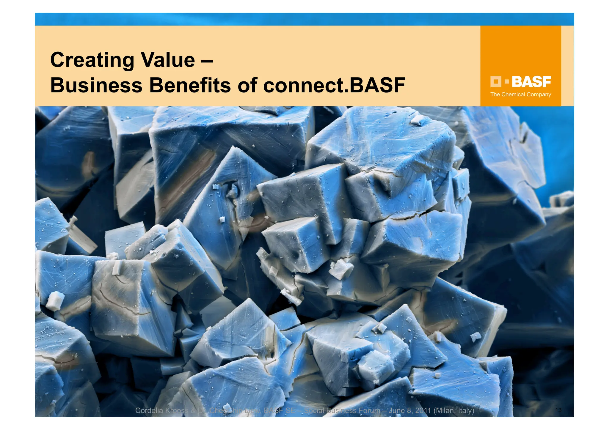 Creating Value –
Business Benefits of connect.BASF




       Cordelia Krooss & Dr. CheeChin Liew, BASF SE – Social Business Forum – June 8, 2011 (Milan, Italy)   13
 