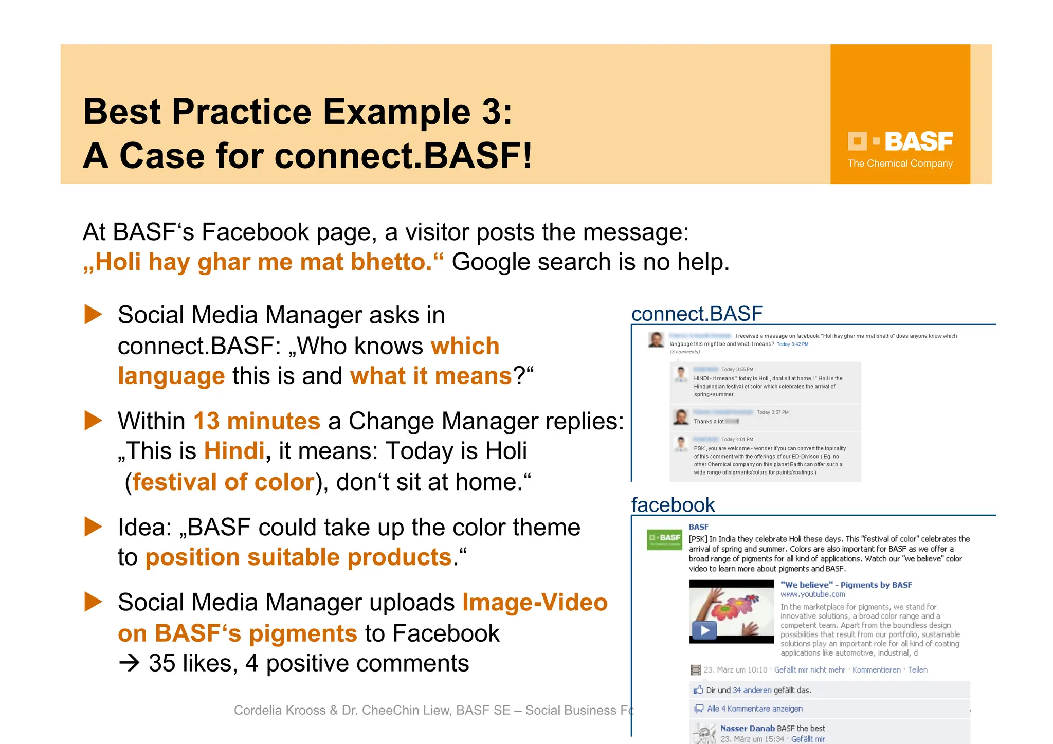 Best Practice Example 3:
A Case for connect.BASF!
At BASF‘s Facebook page, a visitor posts the message:
„Holi hay ghar me mat bhetto.“ Google search is no help.

  Social Media Manager asks in                                                connect.BASF
   connect.BASF: „Who knows which
   language this is and what it means?“
  Within 13 minutes a Change Manager replies:
   „This is Hindi, it means: Today is Holi
    (festival of color), don‘t sit at home.“
                                                                               facebook
  Idea: „BASF could take up the color theme
   to position suitable products.“
  Social Media Manager uploads Image-Video
   on BASF‘s pigments to Facebook
    35 likes, 4 positive comments
             Cordelia Krooss & Dr. CheeChin Liew, BASF SE – Social Business Forum – June 8, 2011 (Milan, Italy)   16
 