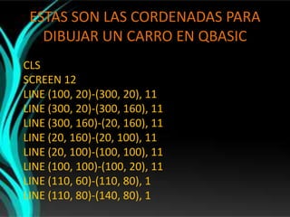 ESTAS SON LAS CORDENADAS PARA DIBUJAR UN CARRO EN QBASIC CLS SCREEN 12 LINE (100, 20)-(300, 20), 11 LINE (300, 20)-(300, 160), 11 LINE (300, 160)-(20, 160), 11 LINE (20, 160)-(20, 100), 11 LINE (20, 100)-(100, 100), 11 LINE (100, 100)-(100, 20), 11 LINE (110, 60)-(110, 80), 1 LINE (110, 80)-(140, 80), 1 