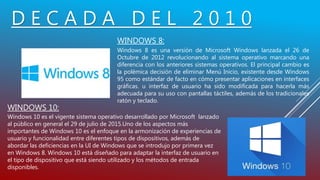 D E C A D A D E L 2 0 1 0
WINDOWS 8:
Windows 8 es una versión de Microsoft Windows lanzada el 26 de
Octubre de 2012 revolucionando al sistema operativo marcando una
diferencia con los anteriores sistemas operativos. El principal cambio es
la polémica decisión de eliminar Menú Inicio, existente desde Windows
95 como estándar de facto en cómo presentar aplicaciones en interfaces
gráficas. u interfaz de usuario ha sido modificada para hacerla más
adecuada para su uso con pantallas táctiles, además de los tradicionales
ratón y teclado.
WINDOWS 10:
Windows 10 es el vigente sistema operativo desarrollado por Microsoft lanzado
al público en general el 29 de julio de 2015.Uno de los aspectos más
importantes de Windows 10 es el enfoque en la armonización de experiencias de
usuario y funcionalidad entre diferentes tipos de dispositivos, además de
abordar las deficiencias en la UI de Windows que se introdujo por primera vez
en Windows 8. Windows 10 está diseñado para adaptar la interfaz de usuario en
el tipo de dispositivo que está siendo utilizado y los métodos de entrada
disponibles.
 