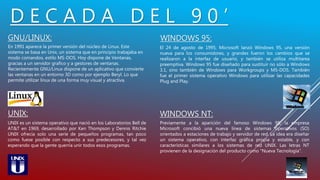D E C A D A D E L 9 0 ’
GNU/LINUX:
En 1991 aparece la primer versión del núcleo de Linux. Este
sistema se basa en Unix, un sistema que en principio trabajaba en
modo comandos, estilo MS-DOS. Hoy dispone de Ventanas,
gracias a un servidor grafico y a gestores de ventanas.
Recientemente GNU/Linux dispone de un aplicativo que convierte
las ventanas en un entorno 3D como por ejemplo Beryl. Lo que
permite utilizar linux de una forma muy visual y atractiva.
UNIX es un sistema operativo que nació en los Laboratorios Bell de
AT&T en 1969, desarrollado por Ken Thompson y Dennis Ritchie
UNIX ofrecía solo una serie de pequeños programas, tan poco
como fuese posible con respecto a sus predecesores, y tal vez
esperando que la gente querría unir todos esos programas.
WINDOWS 95:
El 24 de agosto de 1995, Microsoft lanzó Windows 95, una versión
nueva para los consumidores, y grandes fueron los cambios que se
realizaron a la interfaz de usuario, y también se utiliza multitarea
preemptiva. Windows 95 fue diseñado para sustituir no sólo a Windows
3.1, sino también de Windows para Workgroups y MS-DOS. También
fue el primer sistema operativo Windows para utilizar las capacidades
Plug and Play.
Previamente a la aparición del famoso Windows 95, la empresa
Microsoft concibió una nueva línea de sistemas operativos (SO)
orientados a estaciones de trabajo y servidor de red. La idea era diseñar
un sistema operativo, con interfaz gráfica propia y estable, y con
características similares a los sistemas de red UNIX. Las letras NT
provienen de la designación del producto como "Nueva Tecnología".
UNIX: WINDOWS NT:
 
