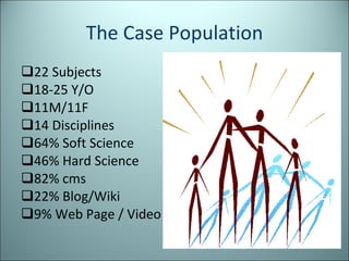 The Case Population 22 Subjects 18-25 Y/O 11M/11F 14 Disciplines 64% Soft Science 46% Hard Science 82% cms 22% Blog/Wiki 9% Web Page / Video  