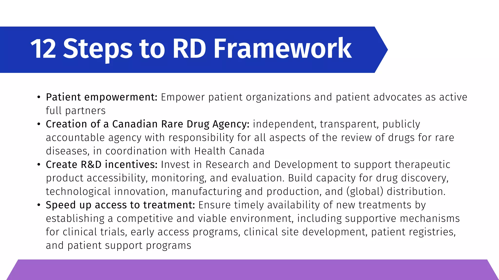 • Patient empowerment: Empower patient organizations and patient advocates as active
full partners
• Creation of a Canadian Rare Drug Agency: independent, transparent, publicly
accountable agency with responsibility for all aspects of the review of drugs for rare
diseases, in coordination with Health Canada
• Create R&D incentives: Invest in Research and Development to support therapeutic
product accessibility, monitoring, and evaluation. Build capacity for drug discovery,
technological innovation, manufacturing and production, and (global) distribution.
• Speed up access to treatment: Ensure timely availability of new treatments by
establishing a competitive and viable environment, including supportive mechanisms
for clinical trials, early access programs, clinical site development, patient registries,
and patient support programs
12 Steps to RD Framework
 