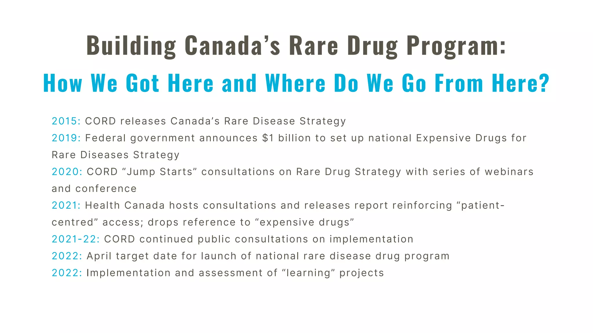 2015: CORD releases Canada’s Rare Disease Strategy
2019: Federal government announces $1 billion to set up national Expensive Drugs for
Rare Diseases Strategy
2020: CORD “Jump Starts” consultations on Rare Drug Strategy with series of webinars
and conference
2021: Health Canada hosts consultations and releases report reinforcing “patient-
centred” access; drops reference to “expensive drugs”
2021-22: CORD continued public consultations on implementation
2022: April target date for launch of national rare disease drug program
2022: Implementation and assessment of “learning” projects
Building Canada’s Rare Drug Program:
How We Got Here and Where Do We Go From Here?
 