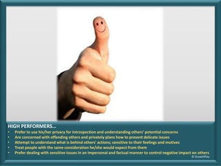 HIGH PERFORMERS…
• Prefer to use his/her privacy for introspection and understanding others’ potential concerns
• Are concerned with offending others and privately plans how to present delicate issues
• Attempt to understand what is behind others' actions; sensitive to their feelings and motives
• Treat people with the same consideration he/she would expect from them
• Prefer dealing with sensitive issues in an impersonal and factual manner to control negative impact on others
© GrowthPlay
 