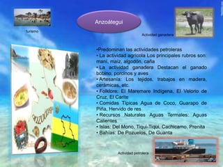 Anzoátegui
•Predominan las actividades petroleras
• La actividad agrícola Los principales rubros son:
maní, maíz, algodón, caña
• La actividad ganadera Destacan el ganado
bobino, porcinos y aves
• Artesanía: Los tejidos, trabajos en madera,
cerámicas, etc.
• Folklore: El Maremare Indígena, El Velorio de
Cruz, El Carite
• Comidas Típicas Agua de Coco, Guarapo de
Piña, Hervido de res
• Recursos Naturales Aguas Termales: Aguas
Calientes
• Islas: Del Mono, Tiqui-Tiqui, Cachicamo, Prenita
• Bahías: De Pozuelos, De Guanta
Actividad petrolera
Actividad ganadera
turismo
 
