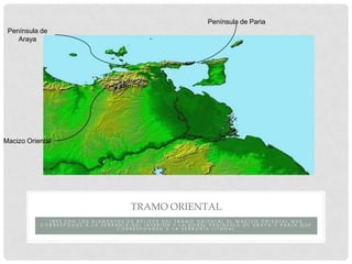 Península de Paria
 Península de
    Araya




Macizo Oriental




                                     TRAMO ORIENTAL
             TRES SON LOS ELEMENTOS DE RELIEVE DEL TRAMO ORIENTAL EL MACIZO ORIENTAL QUE
           CORRESPONDE A LA SERRANÍA DEL INTERIOR Y LA DOBEL PENÍNSULA DE ARAYA Y PARIA QUE
                                 CORRESPONDEN A LA SERRANÍA LITORAL
 