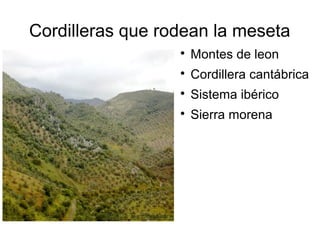 Cordilleras que rodean la meseta
                  
                      Montes de leon
                  
                      Cordillera cantábrica
                  
                      Sistema ibérico
                  
                      Sierra morena
 
