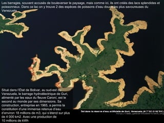 Les barrages, souvent accusés de bouleverser le paysage, mais comme ici, ils ont créés des lacs splendides et poissonneux. Dans ce lac on y trouve 2 des espèces de poissons d’eau douce les plus savoureuses du Venezuela.  Situé dans l’État de Bolivar, au sud-est du Venezuela, le barrage hydroélectrique de Guri, alimenté par les eaux du fleuve Caroní, est le second au monde par ses dimensions. Sa construction, entreprise en 1965, a permis la constitution d’une immense retenue d’eau d’environ 18 millions de m3, qui s’étend sur plus de 4 000 km2. Avec une production de 10 millions de kWh 