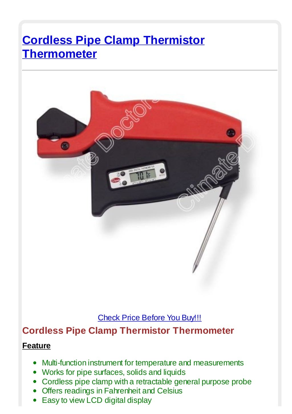 Cordless pipe clamp thermistor thermometer