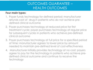 OUTCOMES GUARANTEE –
HEALTH OUTCOMES
Four main types:
1. Payer funds technology for defined period; manufacturer
refunds cost of drug in patients who do not achieve pre-
defined clinical outcome
2. Payer purchases technology at reduced price for first
treatment cycle; payer purchases technology at regular price
for subsequent cycles in patients who achieve pre-defined
clinical outcome
3. Payer purchases technology at full price for a specified period
of time; manufacturer agrees to lower price by amount
needed to maintain pre-defined level of cost-effectiveness
4. Manufacturer initially provides technology at no cost; payers
agree to pay for the technology in patients who achieve pre-
defined clinical outcome and continue to receive the
technology
 