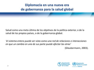 29
Diplomacia en una nueva era
de gobernanza para la salud global
Salud como una meta última de los objetivos de la política exterior, o de la
salud de los propios países, o de la gobernanza global.
‘el sistema entero puede ser visto como una red de relaciones e interacciones
en que un cambio en una de sus parte puede afectar las otras’
(Gloubermann, 2003).
 