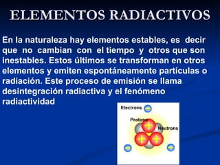 ELEMENTOS RADIACTIVOS En la naturaleza hay elementos estables, es  decir que  no  cambian  con  el tiempo  y  otros que son inestables. Estos últimos se transforman en otros elementos y emiten espontáneamente partículas o radiación. Este proceso de emisión se llama desintegración radiactiva y el fenómeno radiactividad 