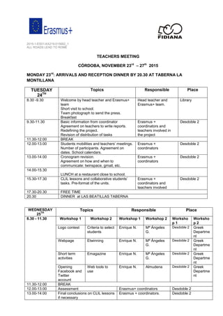 2015-1-ES01-KA219-015682_1
ALL ROADS LEAD TO ROME
TEACHERS MEETING
CÓRDOBA, NOVEMBER 23rd
– 27th
2015
MONDAY 23rd
: ARRIVALS AND RECEPTION DINNER BY 20.30 AT TABERNA LA
MONTILLANA
TUESDAY
24TH
Topics Responsible Place
8.30 -9.30 Welcome by head teacher and Erasmus+
team
Short visit to school.
Team photograph to send the press.
Breakfast
Head teacher and
Erasmus+ team.
Library
9.30-11.30 Basic information from coordinator
Agreement on teachers to write reports.
Redefining the project.
Revision of distribution of tasks
Erasmus +
coordinators and
teachers involved in
the project
Desdoble 2
11.30-12.00 BREAK
12.00-13.00 Students mobilities and teachers’ meetings.
Number of participants. Agreement on
dates. School calendars.
Erasmus +
coordinators
Desdoble 2
13.00-14.00 Cronogram revision.
Agreement on how and when to
communicate: twinspace, gmail, etc.
Erasmus +
coordinators
Desdoble 2
14.00-15.30
LUNCH at a restaurant close to school.
15.30-17.30 CLIL lessons and collaborative students’
tasks. Pre-format of the units.
Erasmus +
coordinators and
teachers involved
Desdoble 2
17.30-20.30 FREE TIME
20.30 DINNER at LAS BEATILLAS TABERNA
WEDNESDAY
25
TH
Topics Responsible Place
8.30 - 11.30 Workshop 1 Workshop 2 Workshop 1 Workshop 2 Worksho
p 1
Worksho
p 2
Logo contest Criteria to select
students
Enrique N. Mª Ángeles
G.
Desdoble 2 Greek
Departme
nt
Webpage Etwinning Enrique N. Mª Ángeles
G.
Desdoble 2 Greek
Departme
nt
Short term
activities
Emagazine Enrique N. Mª Ángeles
G.
Desdoble 2 Greek
Departme
nt
Opening
Facebook and
Twitter
account
Web tools to
use
Enrique N. Almudena Desdoble 2 Greek
Departme
nt
11.30-12.00 BREAK
12.00-13.00 Assessment Erasmus+ coordinators Desdoble 2
13.00-14.00 Final conclusions on CLIL lessons
if necessary
Erasmus + coordinators. Desdoble 2
 