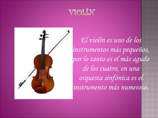 El violín es uno de los
instrumentos más pequeños,
por lo tanto es el más agudo
    de los cuatro, en una
  orquesta sinfónica es el
instrumento más numeroso.
 