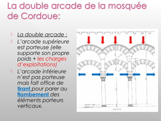  La double arcade :
 L’arcade supérieure
est porteuse (elle
supporte son propre
poids + les charges
d’exploitations)
 L’arcade inférieure
n’est pas porteuse
mais fait office de
tirant pour parer au
flambement des
éléments porteurs
verticaux.
 