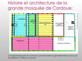 La Grande Mosquée de Cordoue connait plusieurs agrandissements voulus par
les différents Califes au pouvoir.
 