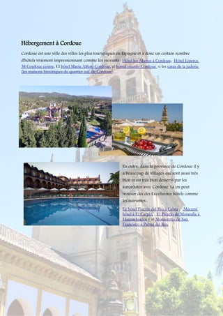 Hébergement à Cordoue
Cordoue est une ville des villes les plus touristiques en Espagne et a donc un certain nombre
d'hôtels vraiment impressionnant comme les suivants : Hôtel les Abetos à Cordoue, Hôtel Lineros
38 Cordoue centre, El hôtel Macia Alfaro Cordoue, el hostal triunfo Cordoue o les casas de la juderia
(les maisons históriques du quartier juif de Cordoue) .
En outre, dans la province de Cordoue il y
a beaucoup de villages qui sont aussi très
bien et est très bien desservi par les
autoroutes avec Cordoue. Là on peut
trouver des des Excellentes hôtels comme
les suivantes :
Le hôtel Fuente del Rio à Cabra , ,Macami
hôtel à El Carpio, , El Palacio de Moratalla à
Hornachuelos y el Monasterio de San
Francisco à Palma del Rio.
 