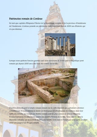 Patrimoine romain de Cordoue
En tant que capitale d'Hispania Ulterior de la République romaine et de la province d'Andalousie
de l'Andalousie, Cordoue possède un patrimoine latin important plus de 2000 ans d'histoire qui
n'a pas diminué.
Lorsque nous quittons l'ancien quartier juif, nous traversons la rivière par le magnifique pont
romain qui depuis 2000 ans a été l'une des entrées de la ville.
D'autres éléments sont le temple romain romain sur le culte impérial qui a plusieurs colonnes
corinthiennes. Si nous visitons le musée archéologique et ethnologique de Cordoue dans leur
faible découverte, les vestiges du théâtre romain sont les plus connus de tous les Hispania
Si nous traversons les plus beaux jardins des Jardins Victoria de la ville, nous entrons dans le
Mausolée romaine, un monument dédié à une famille riche dans le temps qui resta caché pendant
2000 ans jusqu'à l'an 93 qui a rétabli.
 