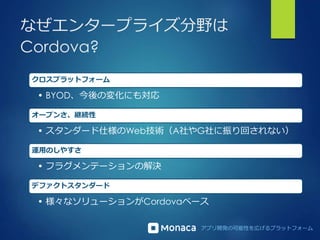 アプリ開発の可能性を広げるプラットフォーム
なぜエンタープライズ分野は
Cordova?
クロスプラットフォーム
• BYOD、今後の変化にも対応
オープンさ、継続性
• スタンダード仕様のWeb技術（A社やG社に振り回されない）
運用のしやすさ
• フラグメンテーションの解決
デファクトスタンダード
• 様々なソリューションがCordovaベース
 